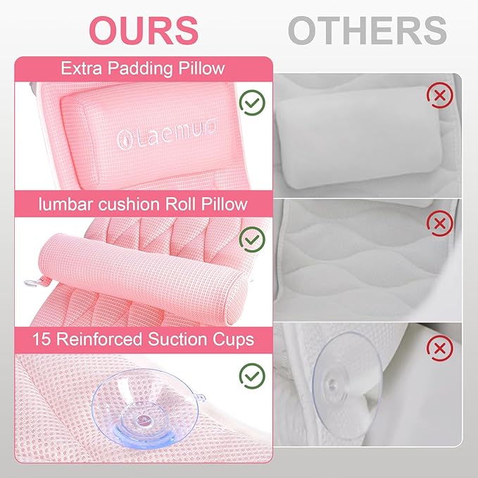 Full Body Bath Pillow Bathtub Pillows-Removable Lumbar Cushion with 17 Non-Slip Suction Cups 4D Air Mesh Fit Any Tub Luxury Bathroom Accessories-Pink