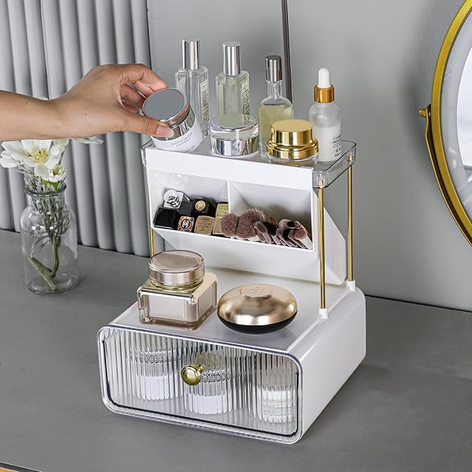 Makeup Organizer with Drawer, Bathroom Organizers and Storage，Makeup Brush Holder,Lipstick and Perfume Organizer,Cosmetic and Vanity Organizer,Desk Organizer (TRANSPARENT COLOR)