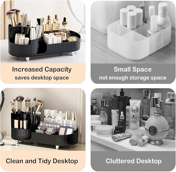 Rotating Makeup Organizer for Vanity with Brush Holder, Cosmetic Makeup Storage Organizer, Large Spinning Makeup Skincare Organizer, Countertop Makeup Perfume Organizer, Lotions Display Case (Black)