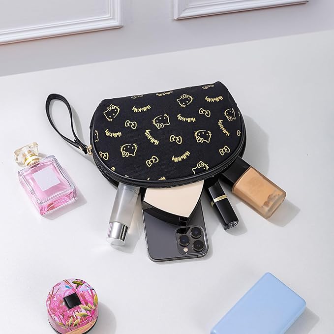 AmBealla Small Cosmetic Bag Portable Storage Bag for Women,Cute Compact Makeup Bag for Keys and Phone, Black Hot Stamping Pattern Cotton Organizer with Wristband,Portable Mini Bag for girls