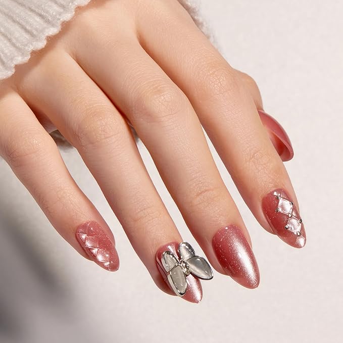 VSALON Short Almond Press-On Nails - Pink Cat Eye 3D Chrome Design, Reusable Fake Nails with Nail Glue, Protector Cuticle Oil, Easy Tabs & Mini Nail File - 32 PCS in 16 Sizes (Belle Ailes)