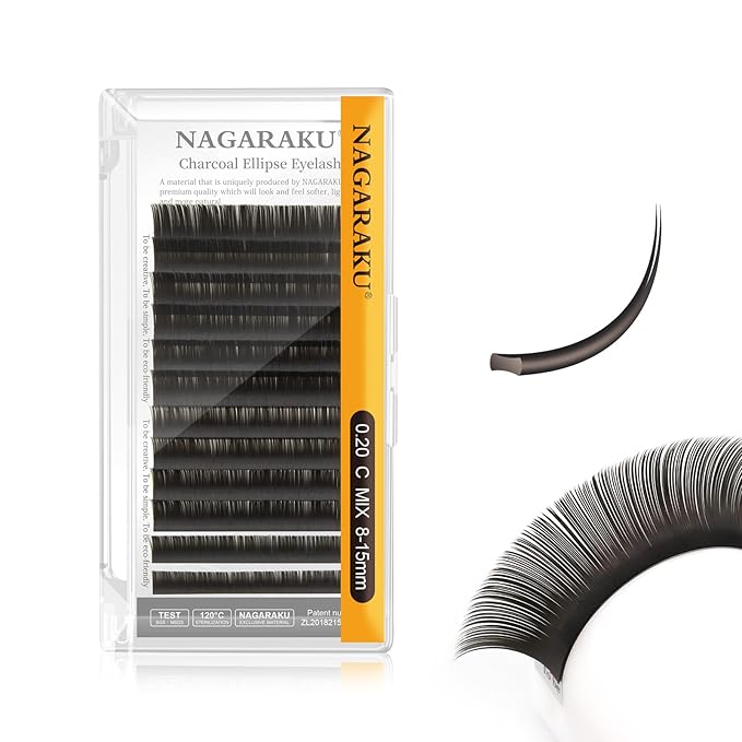 NAGARAKU Double Tips Flat Ellipse Eyelash Extensions Supplies 0.20 C curl 8-15mm Mix Natural Charcoal Color Faux Mink Super Soft Split Tips Individual Lashes
