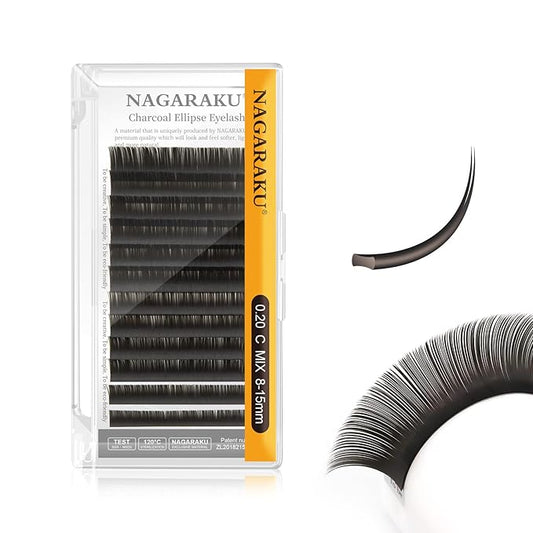 NAGARAKU Double Tips Flat Ellipse Eyelash Extensions Supplies 0.20 C curl 8-15mm Mix Natural Charcoal Color Faux Mink Super Soft Split Tips Individual Lashes