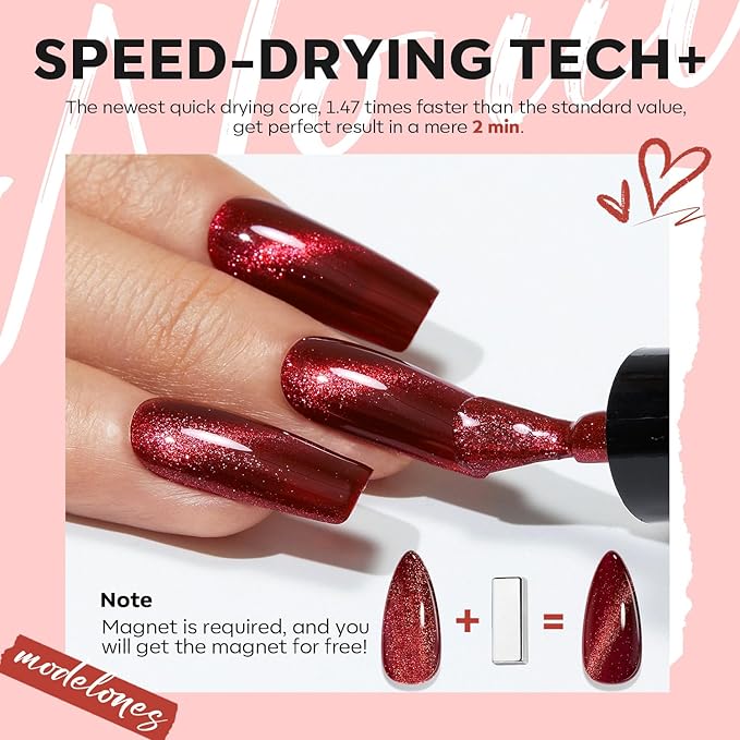 modelones Christmas Nail Polish Set 6 Colors, Dark Red Cat Eye Burgundy Glitter Quick Dry Mini Nail Lacquer Kit Magnetic Maroon Purple Cherry Red Winter DIY Home Nail Art Manicure Gift for Women Girls