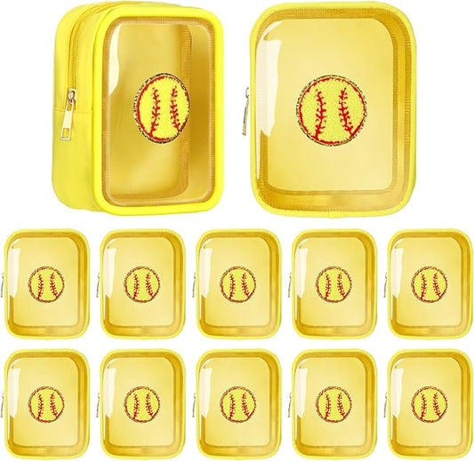 Reginary 12 Pcs Chenille Patch Gift Bags Senior Night Gift Bag Waterproof Travel Size Pack for Party Favors Team Stuff(Yellow,Softball)