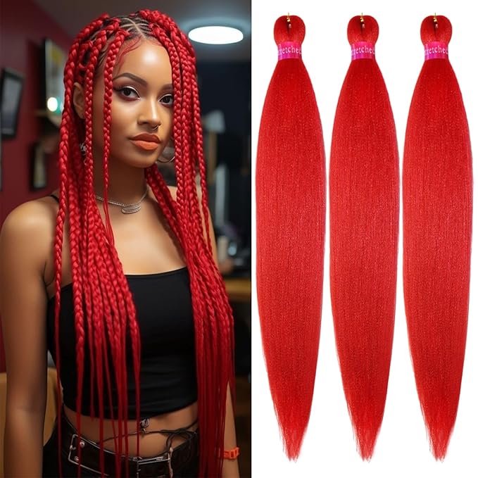 Red Braiding Hair 28 Inch 3 Packs Pre Stretched Braiding Hair for Box Braids Hot Water Setting Easy Braid Yaki Texture Braids Synthetic Hair Extensions Crochet Bradids Hair