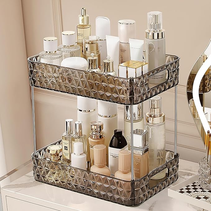 Makeup Organizer for Vanity, High-Capacity Clear Makeup Storage Perfume Organizers,Cosmetic Display Cases,Bathroom Countertop Organizer (Crystal Black, 2Tier)