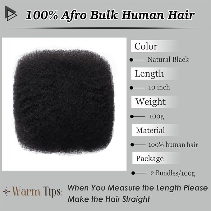Afro Kinkys Bulk Human Hair 10 Inch 100g Nature Black Afro Kinky Curly Human Hair Bulk for Dreadlock Extensions, Micro Locs, Braiding Twists, Braids and Repair Locs(10 Inch, 1b#)