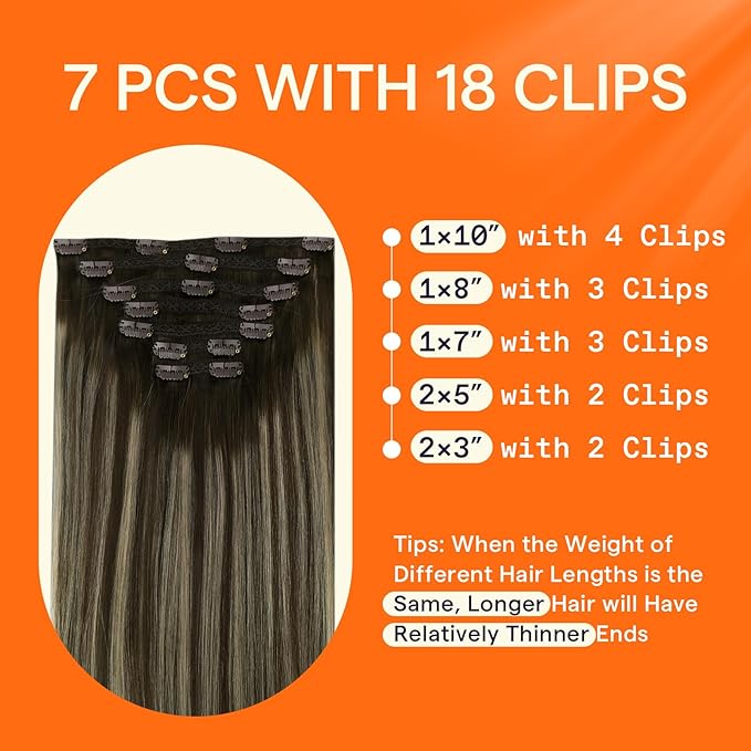 Full Shine Balayage Brown Clip in Extensions Ombre Dark Brown to Blonde Straight Clip in Hair Extensions 16 Inch 7 Pcs 120 G