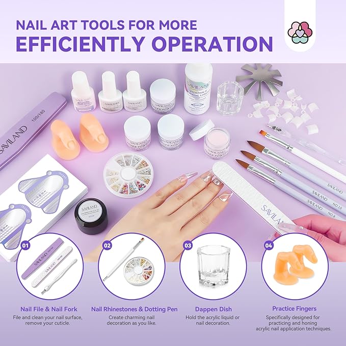 SAVILAND French Acrylic Nail Kit: Beginner Nail Kit Acrylic Set Easy to Use Acrylic Powder and Liquid Set with Half Cover Nail Tips Acrylic Nail Brushes Nail Tools for DIY French Manucure Kit