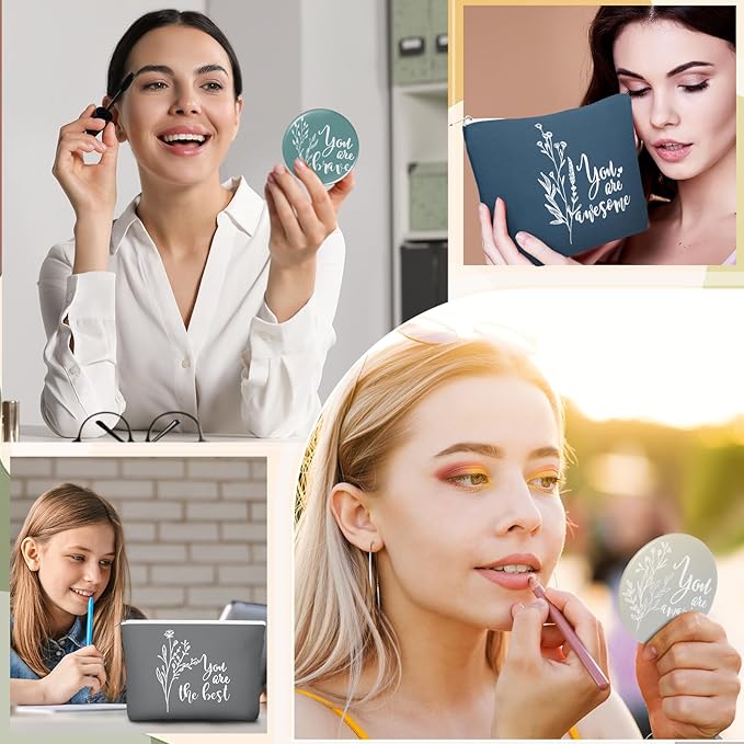 20 Pcs Employee Appreciation Gifts 10 Inspirational Canvas Makeup Bags 10 Compact Mirrors Bulk Cosmetic Bags Round Portable Pocket Mirror Thank You Gifts for Women (Bohemian)