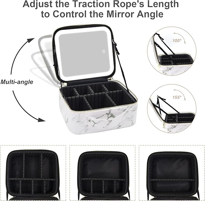 Travel Makeup Bag with Lighted Mirror Partitionable Makeup Train Case with 3 Color Modes Dimming Light up Mirror Make up Cosmetic Organizer Bag with 10X Magnifying Mirror, Toiletry Gift Accessories