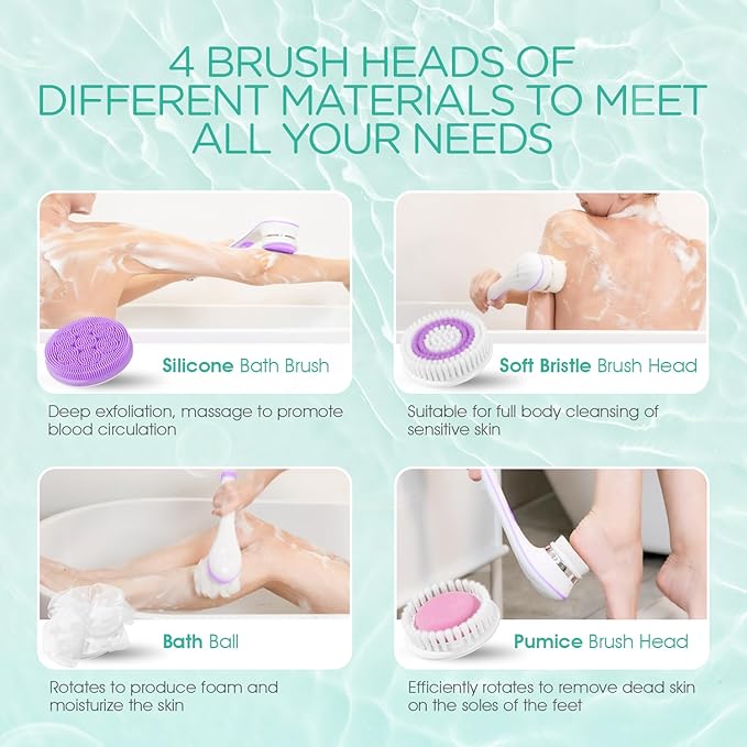 VOYOR Electric Body Brush Back Scrubber for Shower Rechargeable Exfoliating Bath Brush Powered Shower Brush with Non-Slip Long Handle Deep Cleansing, Exfoliation, Massaging Spin Brush BC100 (Purple)