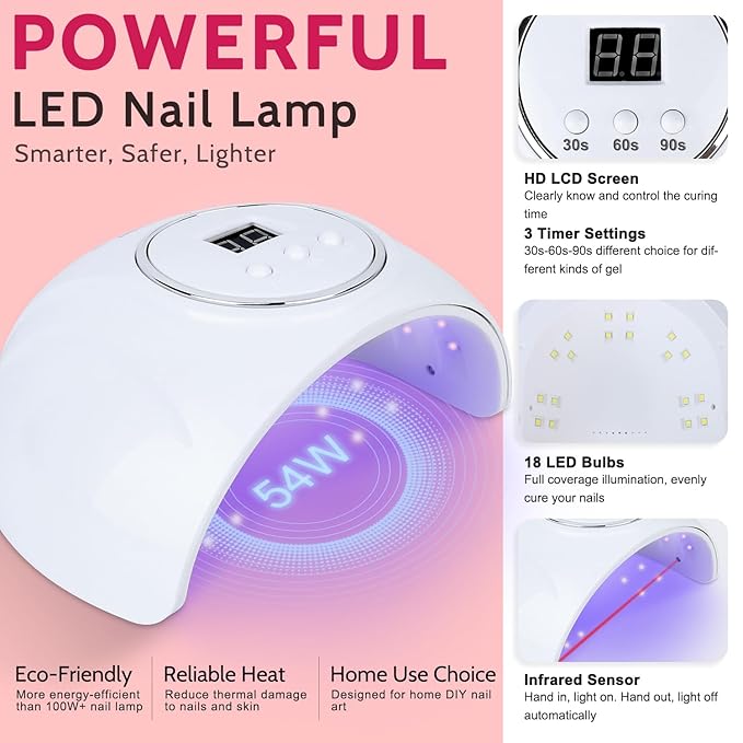 LAVENDR VIOLETS 48pcs Gel Nail Polish Starter Kit with U V Light, Nail Wraps,54W LED Nail Dryer 27 Colors Red Pink Purple Soak Off No Wipe Base and Glossy Matte Top Coat Nail Gel Kit Q979