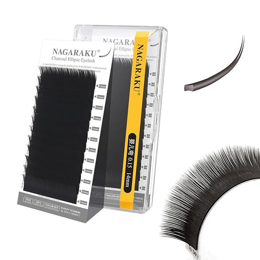 NAGARAKU Double Tips Flat Ellipse Eyelash Extensions Supplies Natural Charcoal Color Faux Mink Super Soft Split Tips Lash Individual Lashes -0.15 Baby/J Curl 14mm