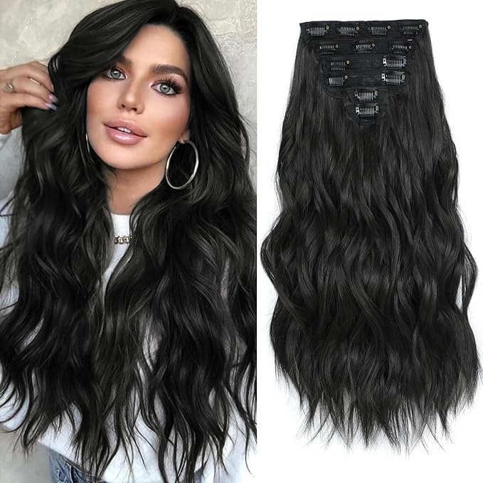 Clip in Hair Extensions for Women - 20 Inch Long Wavy Brown Extensions, 6PCS Black Brown Hairpieces that Blend Naturally with Your Real Hair (20 Inch, Black Brown)