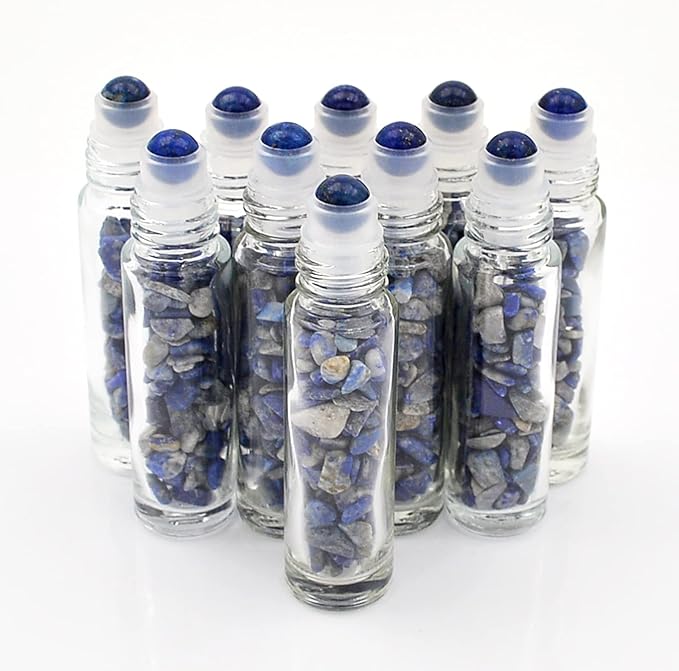 Essential Oil Roller Bottle 10ml w EVA Carrying Travel Case（Clear Glass Bottle with silver Cap、10pack、Gemstone Roller Balls、Healing Crystal Chips Inside、Opener)Gemstone Roller Ball Bottles