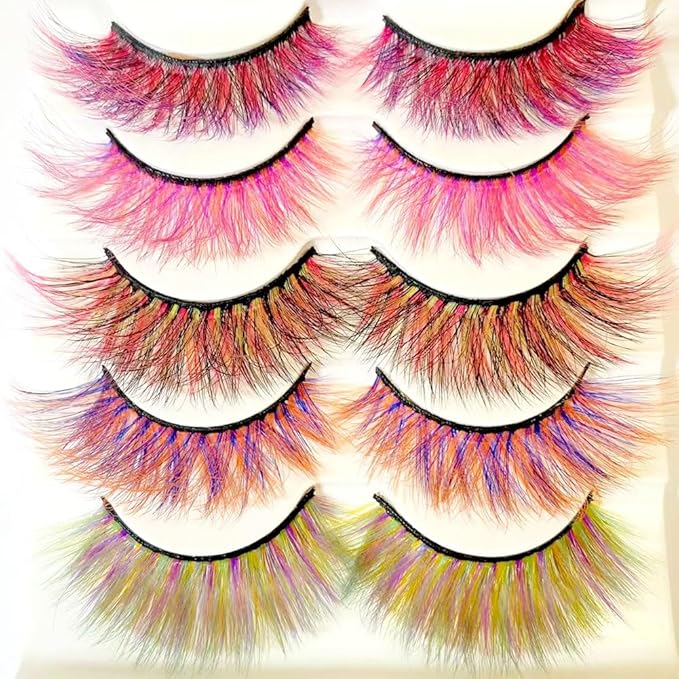Sunniess Ombre Colored Lashes Silk Protein Fluffy Wispy Volume Fake Lashes for Halloweens Cosplay Party Stage Russian D Curl Lashes with Color Make up Faux Mink False Eyelashes