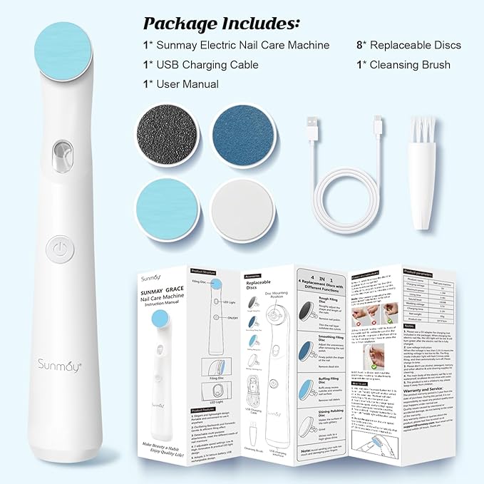 SUNMAY Electric Nail File Set, Rechargeable Nail Files and Buffers for Women Natural Gel Nails Toenails Salon with 4 Filing Discs, Professional Cordless Nail File Machine for Home Nail Pedicure