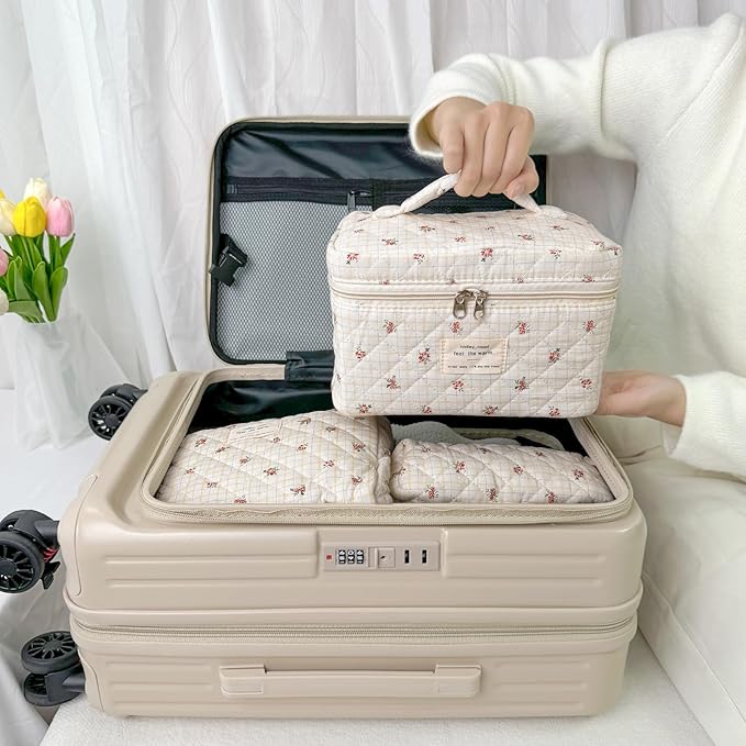 3Pcs Cotton Quilted Makeup Bag for Women Girls, Large Floral Cosmetic Bag Set Cute Makeup Brushes Aesthetic Accessories Storage Bag Flower Travel Toiletry Bag Organizer