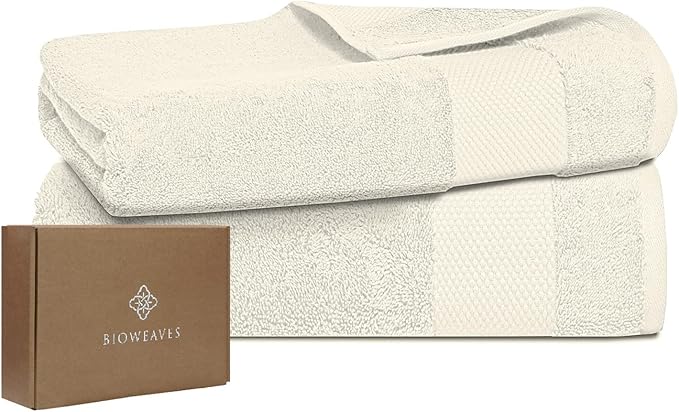 BIOWEAVES 100% Organic Cotton 700 GSM Plush Bath Towels 30" x 58" GOTS Certified - Ivory, Pack of 2