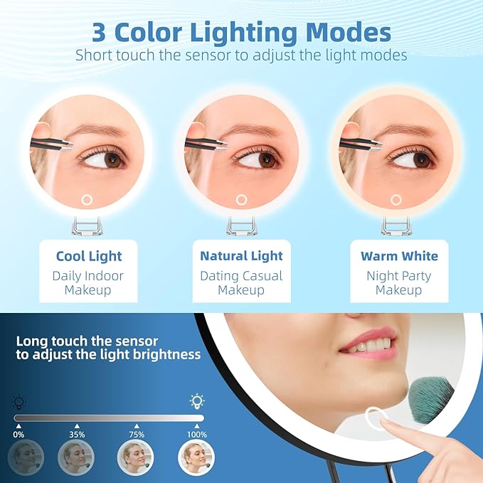 20X Magnifying Mirror with Light, Large 6'' Rechargeable 3 Colors Dimming Lighted Magnified Mirror with 3 Suction Cups and 360° Table Stand, Vanity Makeup Mirror with Tweezers & Scissors