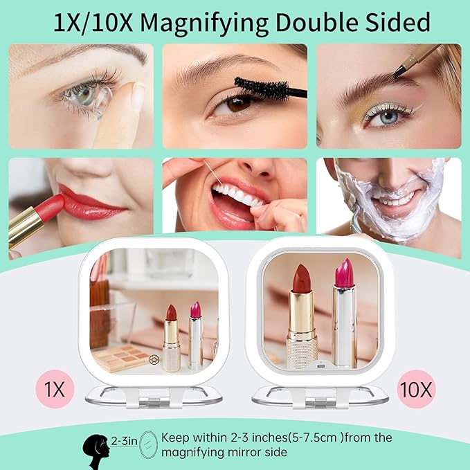 FASCINATE 10X Magnification Rechargeable Travel Makeup Mirror, Lighted Portable Vanity Mirror with 3 Colors Lighting & Stepless Dimming, Double Sided LED Mirror, Gift for Women (White+Bag)