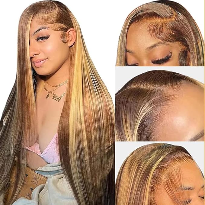 30 Inch Honey Blonde Ombre Lace Front Wig Human Hair 180% Density 13x4 Highlight Lace Front Wigs Human Hair Pre Plucked 4/27 Straight HD Lace Frontal Wig Human Hair for Women with Baby Hair