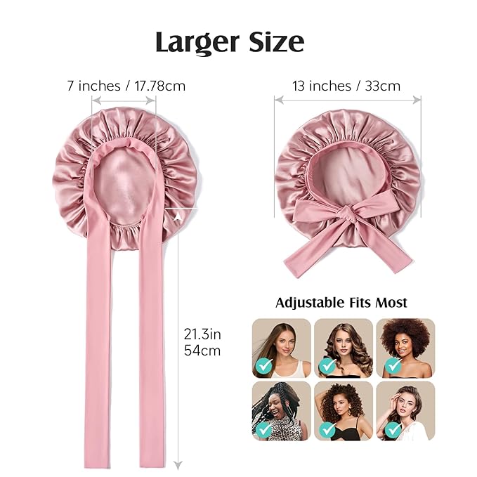 YFONG 100% 22 Momme Mulberry Silk Bonnet for Sleeping Women, Larger Double Layer Silk Hair Wrap for Curly Short Long Hair, Non-Slip Sleep Cap Turban with Elastic Tie Band for Hair Care, Pink
