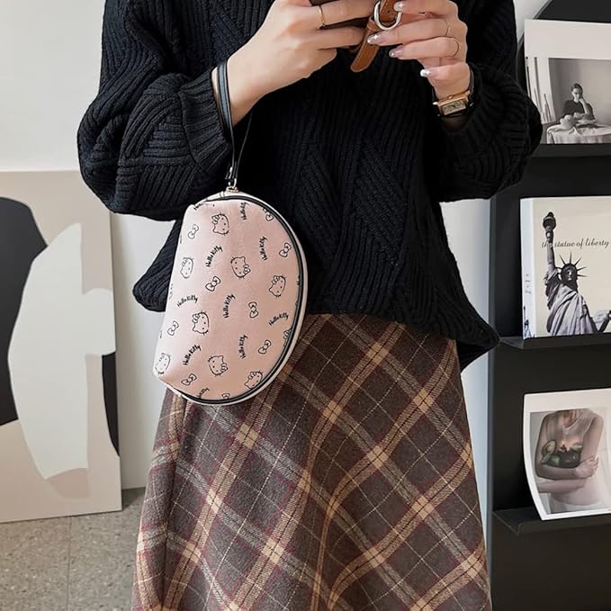 AmBealla Small Cosmetic Bag Portable Storage Bag for Women,Cute Compact Makeup Bag for Keys and Phone, Pink Cotton Organizer with Wristband,Portable Travel Bag for girls