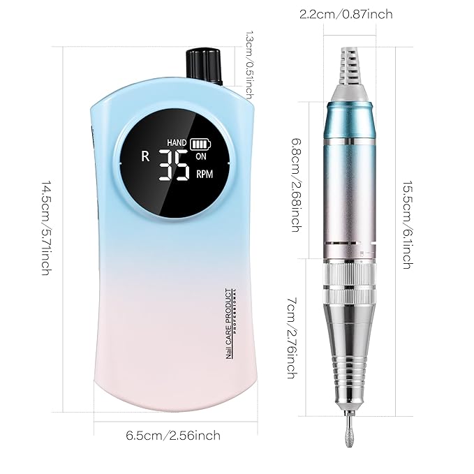 35000RPM Electric Nail Drill, with 4 Ultra Hard Wear-Resistant Ceramic Drill Bits & 6 Metal Nail Drill Machine Bits, Acrylic Gel Nails, DIY Manicure Pedicure Tools for Home and Salon Use (Blue Pink)