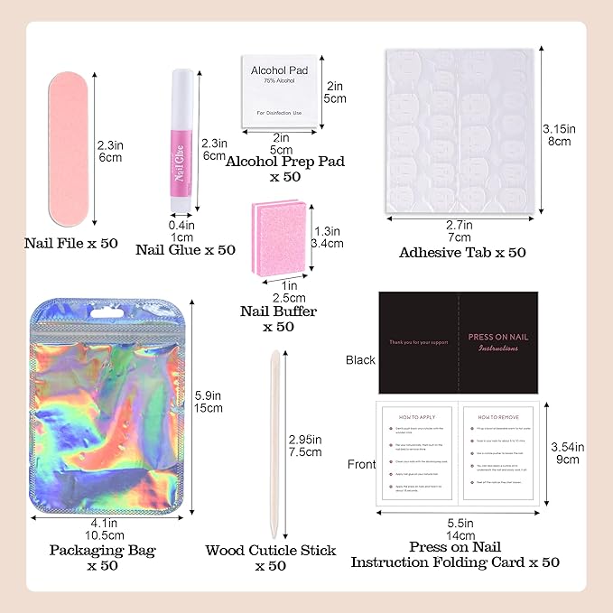 50 Set Press On Nail Tool Prep Kit for Salon Business, Disposable Manicure Kit with Nail File, Buffer, Glue, Prep Pad, Instruction Card, Adhesive Tabs, Wood Stick, Holographic Bag