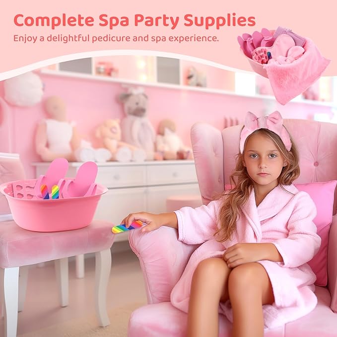 64 Pcs Kids Foot Spa Kit for Girl Spa Party with Pink Washbasin Salon Towels Nail Kit for DIY Manicure, Sleepover Party Favors for Little Ones, Foot Care Kit