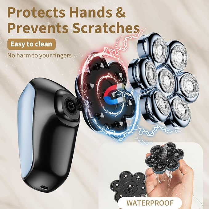 Detachable Head Shavers, SHPAVVER 5 in 1 Electric Razor IPX7 Waterproof for Bald Men, Wet Dry LED Display Rechargeable 7D Rotary Shaver Grooming Kit，Bright Blue