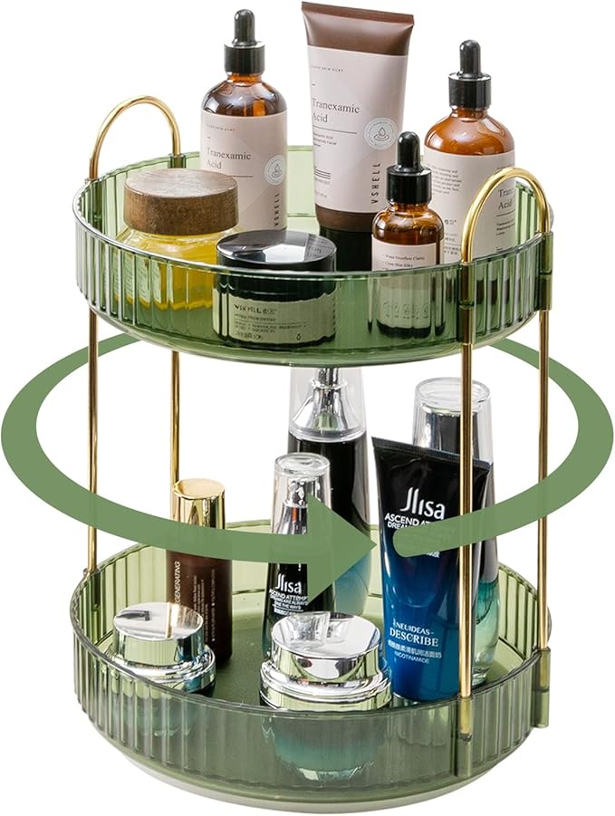 360° Rotating Makeup Organizer, Bathroom Make Up Spinning Holder Rack, Large Capacity Cosmetics Storage Vanity Shelf Countertop, Fits Cosmetics, Perfume, Skincare, Lipsticks(2 Tiers, Green)