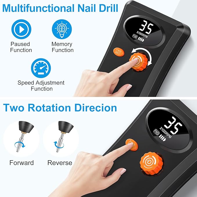 Electric Nail Drill, Urbuti 35000RPM Professional Nail Drill Machine, Portable Rechargeable File Machine Set for Acrylic Gel Nails, Manicure Pedicure Tools for Home and Salon Use(Black)