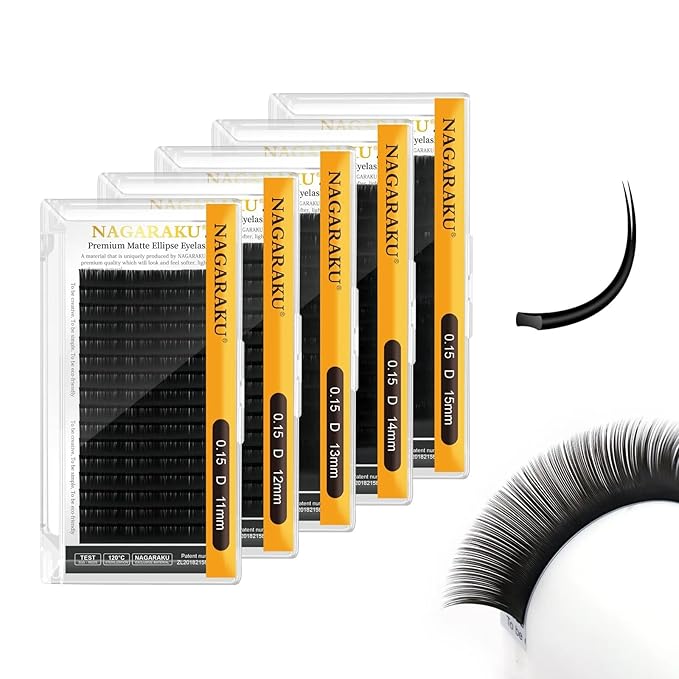 NAGARAKU Double Tips Ellipse Eyelash Extensions Lighter Thinner Split Tips Flat False Lashes 5 Trays in 1 Pack 0.15 D curl 11/12/13/14/15mm Soft Faux Mink Individual False Lash 16 Rows