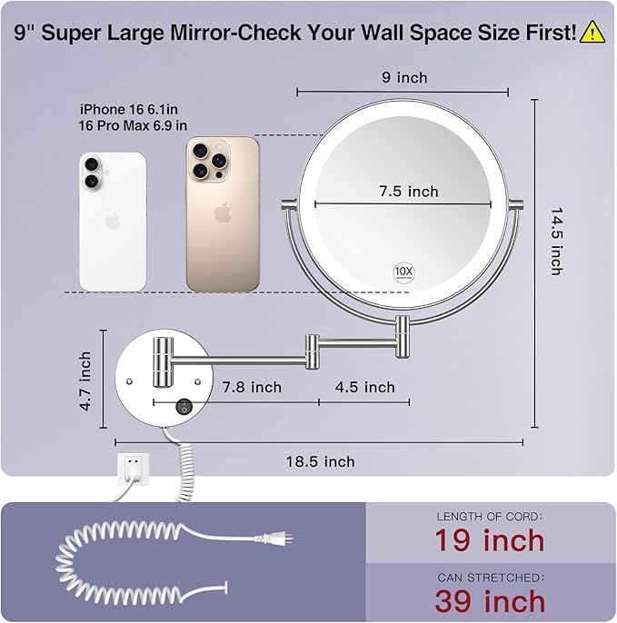 Benbilry 9" Large Size Wall Mounted Lighted Makeup Vanity Mirror, 1X/10X Magnifying Double-Sided AC Powered Bathroom Mirror, 360° Swivel 13 Inch Extendable