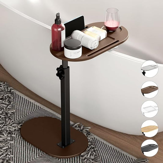 Bamboo Bathtub Tray Table with Adjustable Height, Freestanding Bath Caddy Side Table for Tub Against Wall, Tub Shelf with Wine Glass Phone Holder, Functional Tray - Patent Protected (Brown)