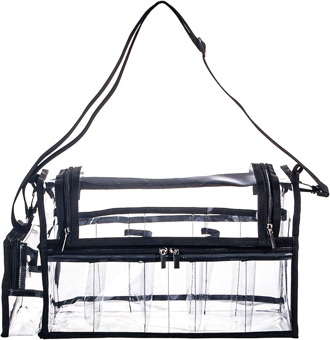 Large Professional Free Standing Clear PVC Makeup Artist Set Bag Transparent Makeup Brush Buddy Make up Kits Organizer Carry All MUA Travel Cosmetic Bag with 8 Dividers and Tissue Holder