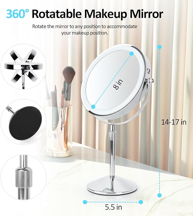 8" Makeup Mirror with Lights, Rechargeable 1x/10x LED Lighted Magnifying Mirror with 3 Colors, 360° Rotation Rechargeable Double Sided Mirror, Touch Dimming, Adjustable Height