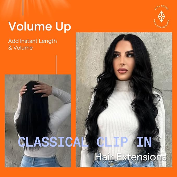 Full Shine 28 Inch Clip in Hair Extensions Real Human Hair Jet Black Long Clip in Extensions for Women Human Hair Triple Weft Straight Black Hair Extension 7 Pcs 150 G