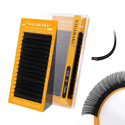 NAGARAKU Flat Ellipse Eyelash Extensions, 5TH GEN AIR SERIES Double Tips Lashes Lighter Thinner Flat Split Tips Individual Lash Matte Black Classic False Eyelashes 16 Rows -0.20 D Curl 13mm