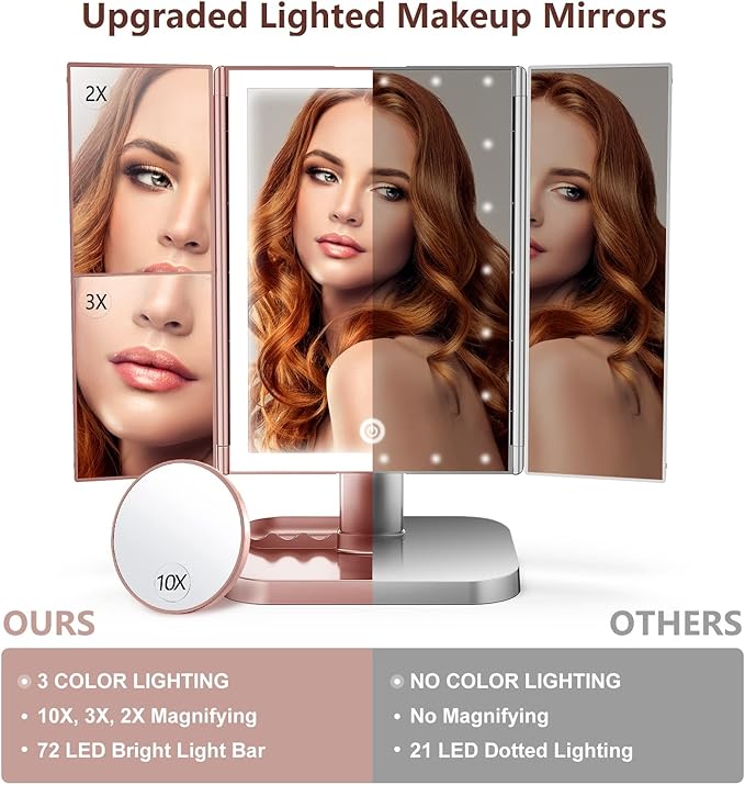 Makeup Mirror with Lights, 3 Color Lighting, Lighted Makeup Mirror, 10x 3X 2X Magnification, Vanity Mirror with 72LEDs, Touch Control, Dual Power Supply, Female Gift(Rose Gold)