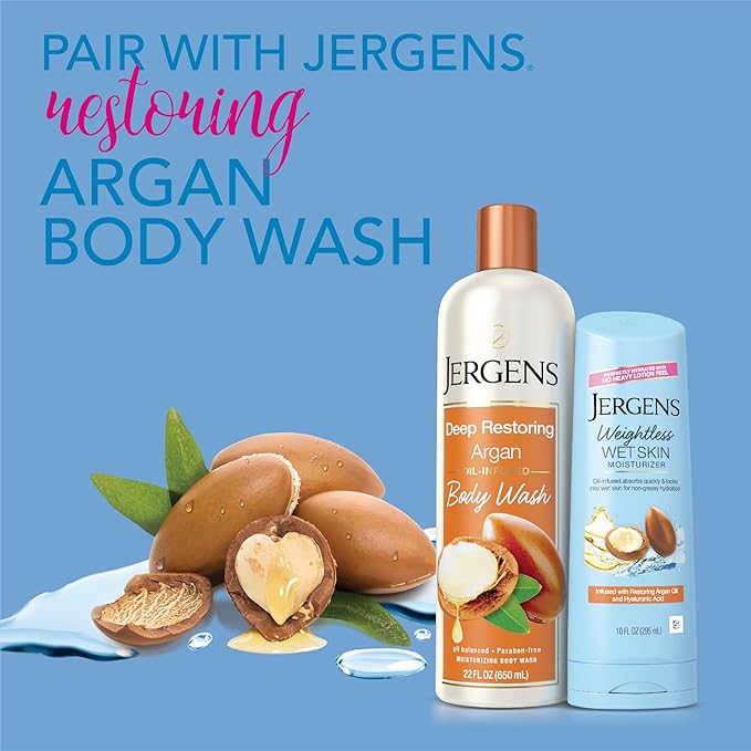 Jergens Wet Skin Body Moisturizer with Restoring Argan Oil, In Shower Lotion, Moisturizer for Dry Skin, Fast-Absorbing, Non-Sticky, 10 Ounces (Pack of 4), Dermatologist Tested (Packaging May Vary)