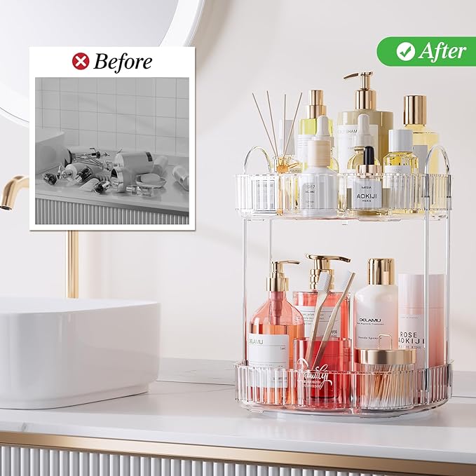 Delamu Rotating Bathroom Countertop Organizer, Large Capacity 2-Tier Multi-Function Storage for Cosmetics, Skincare, and Perfume. Makeup Organizer Countertop Ideal for Dresser, Bathroom,Vanity, Clear