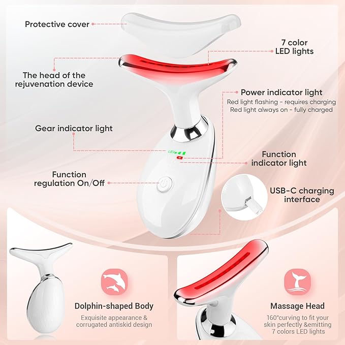 Face and Neck Massager Tool, 7 Colors LED Light Therapy Wand for Wrinkles, Double Chin, Portable Facial Massager with Vibrating and Thermals for Skin Care, Glossy White