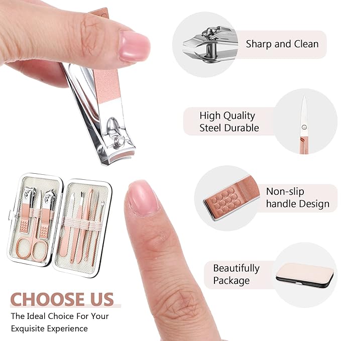 Lasnten 24 Set Manicure Set Bulk Nail Clippers Grooming Nail Kit Stainless Steel Professional Pedicure Kit Pedicure Tools with Travel Case Gifts for Men Women Personal(8 in 1,Pink, Rose Gold)