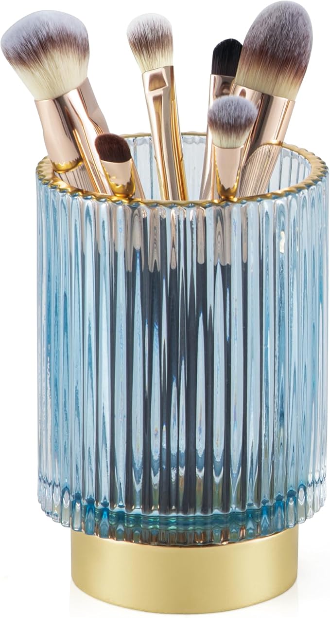 CANITORON Makeup Brush Holder,Glass Makeup Brush Holder Organizer Store Cosmetic Tools,Eyeliner,Storage Organizer for Vanity,Bathroom Countertop Organize and Bedroom Countertop Storage.(Blue L)