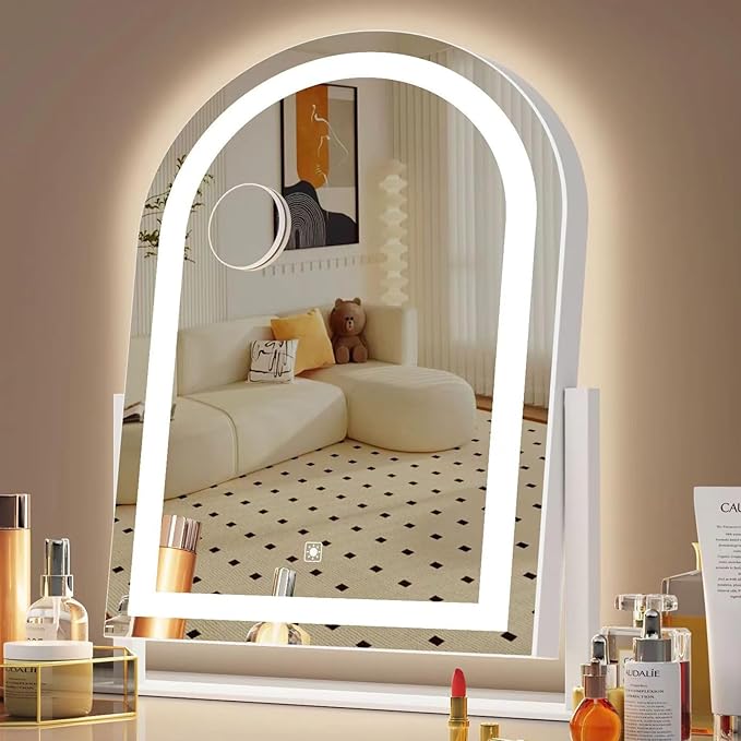 Curved Makeup Vanity Mirror with Lights 17.2" Large LED Lighted Mirror, Hollywood Make Up Mirror with Lighting, Smart Touch,Detachable 5X Magnification 360° Rotation, (White,Gift Box)